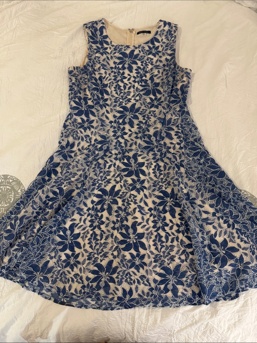 Tommy Hilfiger Blue and Cream Floral Lace Fit-and-Flare Dress